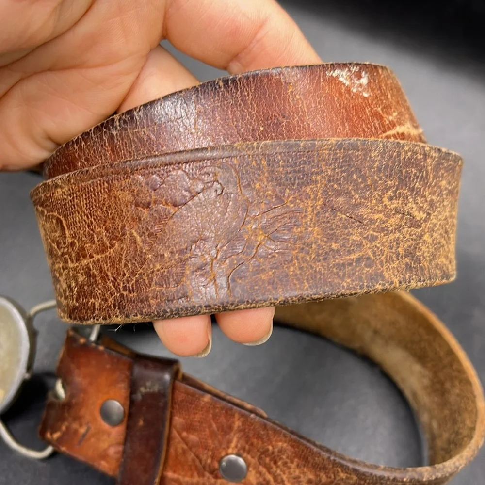 Vintage Brown Leather Men's Belt with Guitar Buckle